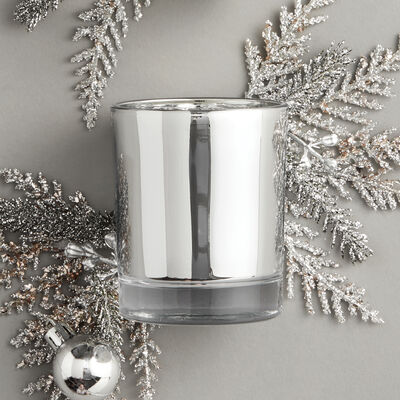 Frasier Fir Statement Silver Candle Surrounded by Cedar and Ornaments